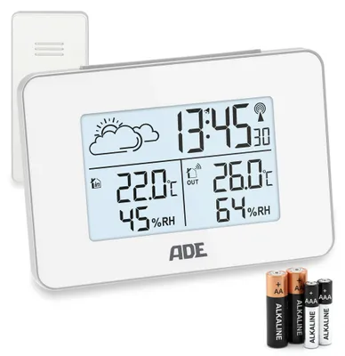 Zdjęcie produktu dla Bezprzewodowa stacja pogodowa z czujnikiem zewnętrznym, wyświetlająca temperaturę wewnętrzną i zewnętrzną oraz wilgotność, w białym kolorze