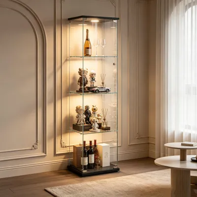 Produktbild von INONEFT Glasvitrine Standvitrine mit 4 Ablagen, Vitrine mit LED Und Schloss, 1 Tür, Vitrinenschrank Für Wohnzimmer Schlafzimmer, 163x39.8x35cm