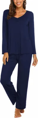 Immagine prodotto di Pigiama da donna a due pezzi, con maniche lunghe, scollo a V, colore blu navy, taglia L