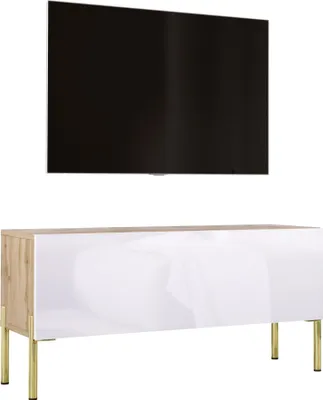Obrázok produktu pre TV skrinka vo farbe dub Wotan / biely vysoký lesk s nohami v zlatej farbe, 100 x 52 x 32 cm