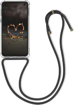 A clear phone case with a lanyard attached, shown against a white background.