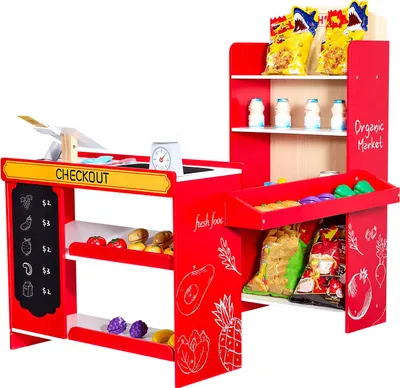 Obrázok produktu pre VEVOR detský obchod s potravinami, drevený obchod na hranie s nákupnou taškou, detský supermarket s dopravným pásom, skenerom, pokladňou, ovocím a zeleninou, darček pre deti od 3 rokov