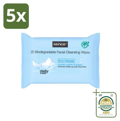 Image de 5 x Lingettes nettoyantes pour le visage Sence, pour peaux normales - Pack économique - 5 pièces