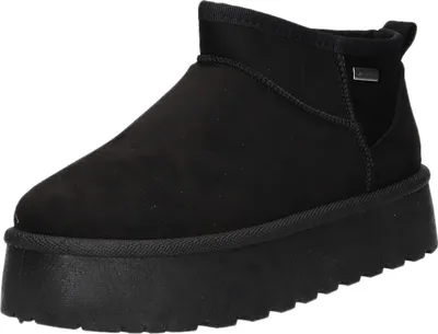 A black ankle boot with a platform sole.