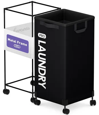 Obrázok produktu pre Košík na prádlo s kolieskami, objem 105 litrov, kovová konštrukcia, čierna farba, odnímateľný vrecká na prádlo, skladateľný