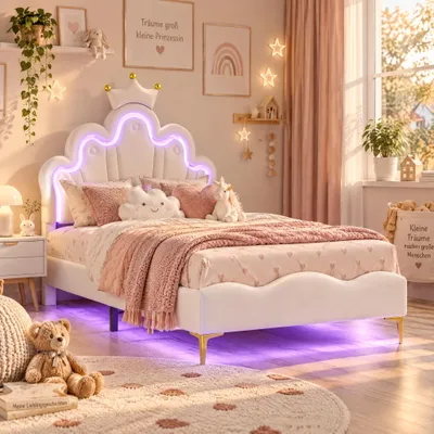 Immagine prodotto di Letto per bambini 90x190 con illuminazione a LED, letto imbottito a forma di castello con design a , poggiatesta regolabile in altezza, senza materasso, in PU, colore bianco