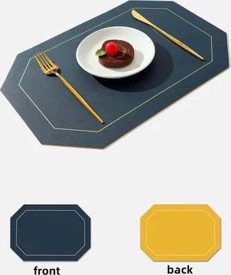 Produktbild von 6er Set Abwischbar Lederoptik Platzset und Untersetzer,Wasserdicht PVC Platzdeckchen Tischset für Hause Küche Restaurant und Hotel,43x30cm,Blau+Gelb