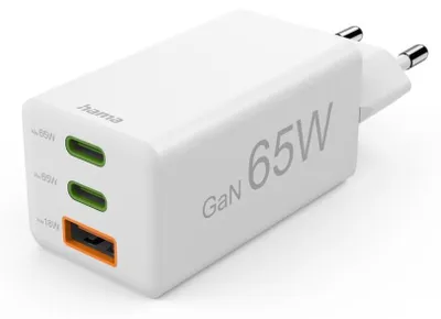 Image de Charg. rapide GaN, 2 USB-C PD, 1 USB-A QC, mini-chargeur, 65W, blanc