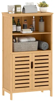 Produktbild von Sunvello Badezimmerschrank aus Bambus, mit Lamellentüren, 2 Regale, 1 Schrank, 50 cm x 29 cm x 92 cm, Natur