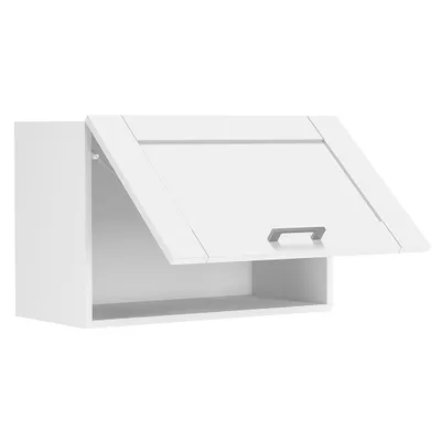 A white kitchen cabinet with its door open, shown against a white background.