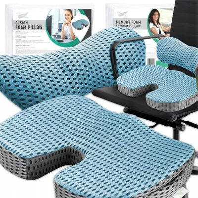 Produktbild von Orthopädisches SET Lendenkissen und Sitzkissen aus Memory Foam - BLAU - Ergonomische Kissen für Sessel, Auto, Bürostuhl - Erhöht Sitzkomfort