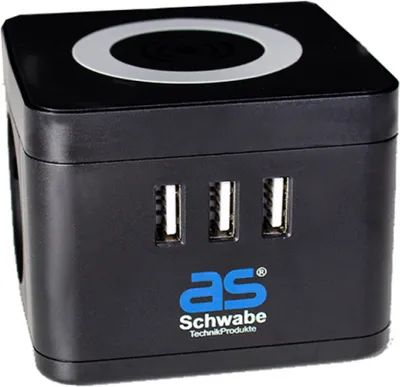 Zdjęcie produktu dla as-Schwabe 18220 as-Schwabe QI-Wireless Ladestation 2-fach Steckdosenturm 1,5 m schwarz mit USB-Buchse