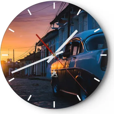 Produktbild von Wanduhr - Rund - Glasuhr - Straße Auto Haus - 40x40cm - Schleichendes Uhrwerk - Lautlos - zum Aufhängen bereit - Dekoration Modern - Wanddekoration aus Glas - C3AR40x40-3459