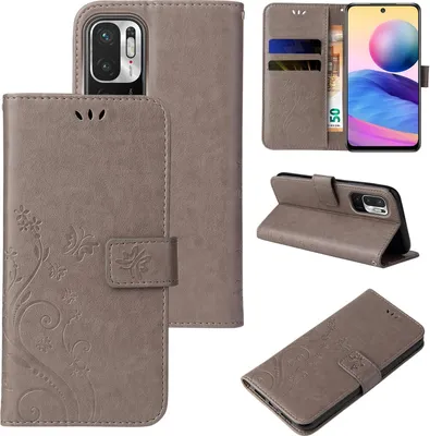 Collage of images showing a flip phone case for a Xiaomi Redmi Note 10 5G, with floral and butterfly motifs.