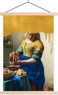 Produktbild von MuchoWow® Textilposter Milchmädchen - Gold - Vermeer 60x90 cm mit holzfarbenen Rahmen - Textil