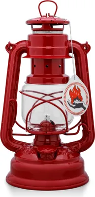 A red storm lantern is shown against a white background.