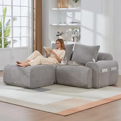 Image de OKWISH Canapé Modulable - Canapé 2 Places avec Pouf, Accoudoir avec Porte-Gobelet et Rangement Latéral, Velours Côtelé, 200x174x80 cm Gris Clair