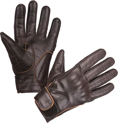 A pair of dark brown leather motorcycle gloves shown against a white background.