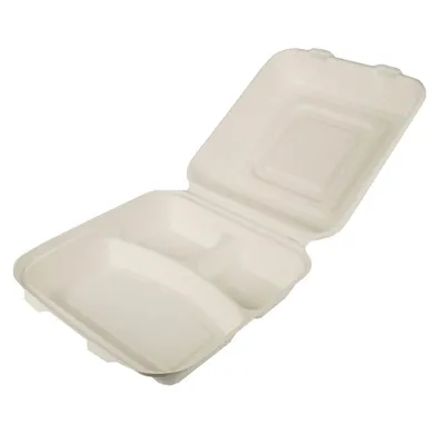 An open, three-compartment food container with its lid ajar, presented against a white background.