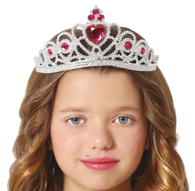 Productafbeelding van Prinsessen Tiara, diadeem, carnaval, hartvormige juwelen, sprookjeskoningin, kinderaccessoire, kroon, middeleeuwen, kroonjuwelen, fantasie, hoofdsieraad, glans, glamour, feestelijk, mode, kleur: zilver