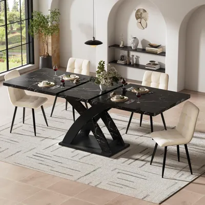 Zdjęcie produktu dla Rozkładany stół jadalny, wymiary 120-160x80x75 cm, kolor czarny, nogi typu "X", przeznaczony dla 4-6 osób