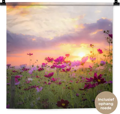 Produktbild von MuchoWow® Wandteppich Wandbehang Sonnenuntergang - Blumen - Rosa - Natur - Grün 60x60 cm Tapisserie Dekoration Wandtuch - Dekorationen - Wand Decke