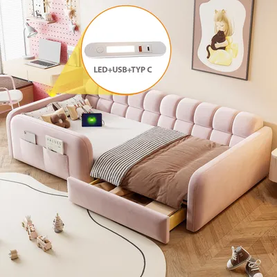 Zdjęcie produktu dla Łóżeczko dziecięce Flieks 90 x 200 cm z gniazdami ładującymi USB i USB-C, tapicerowane łóżeczko z lampką nocną i szufladą, łóżeczko pojedyncze z aksamitnym wykończeniem, kolor różowy