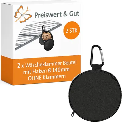 Produktbild von Wäscheklammerbeutel 2er Set Ø140×170 mm – robust & flexibel – mit Reißverschluss und Karabiner – ideal für Wäscheklammern, Haushalt, Garten & als Hund Futterbeutel