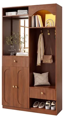 Produktbild von Kompaktgarderobe mit Spiegel und Sitzbank,Flurgarderobe mit Schuhschrank und Haken, Kleiderhaken,Kompaktgarderobe,Flurmöbel Set,Flurgarderobe