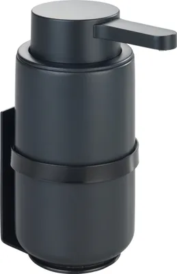 A black soap dispenser mounted on a wall bracket.