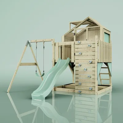 Produktbild von OutdoorToys Spielturm mit Spielhaus inkl. Wellenrutsche und Kinder-Schaukel, Outdoor Klettergerüst Garten, Ausführung: Kinderschaukel, Farbe: Mintgrün, mit Kinderschaukel