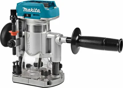A cordless multi-function router with a teal and silver body, black handle, and clear dust collector.