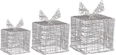 Three silver wireframe gift boxes of varying sizes, each topped with a wireframe bow, are displayed against a white background.