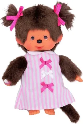 Obrázok produktu pre Sekiguchi 223589 Originálne dievčatko Monchhichi z hnedého plyšu, s ružovo-bielymi pruhovanými šatami a copíkmi s mašľami, cca 20 cm