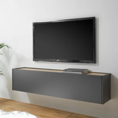Produktbild von Wohnzimmer TV Hängeschrank CRISP-61 in anthrazit mit Absetzungen in Wotan Eiche Nb., B/H/T: ca. 150/35/30 cm