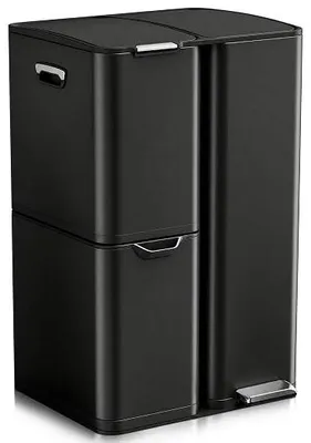 Productafbeelding van Afvalbak met 3 compartimenten, 60 liter, afvalsorteersysteem (30 + 17 + 13 liter) met soft-close deksel, afvalbak voor de keuken, gemaakt van roestvrij staal, met uitneembaar binnenbakje met handgrepen, pedaalemmer, zwart