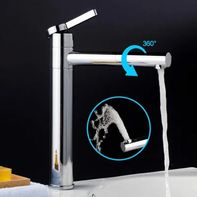 Zdjęcie produktu dla obrotowa bateria łazienkowa 360° z wysokim wodospadem Bateria zlewozmywakowa Nowoczesna bateria jednouchwytowa Mosiądz Chrom 3/8"
