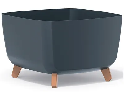 A square planter with wooden legs on a white background.