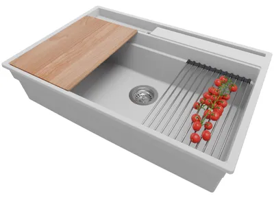 Produktbild von PRIMAGRAN Spülbecken Grau 78x53cm, Granitspüle 1 Becken + Ablauf-Set + Küchenzubehörset, Küchenspüle ab 80er Unterschrank - Oslo Pocket