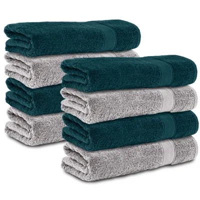 Produktbild von Komfortec 8er Duschtücher 70x140 cm Set aus 100% Baumwolle, 470g/m², Frottee, Weich, Silber Grau/Petrol