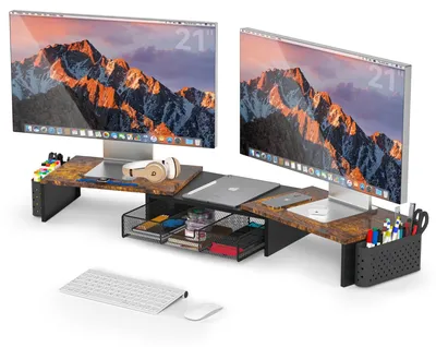 Immagine prodotto di Supporto per due monitor in legno, con cassetto e 2 portapenne