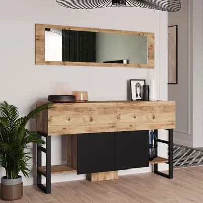 Obrázek produktu pro Skye Decor, moderní konzolový stolek se zrcadlem, Atlantic Pine, 139 x 83,6 x 43,3 cm | 100% melaminem potažená dřevotřísková deska, tloušťka 18 mm | Mnoho polic, další úložný prostor, industriální design.