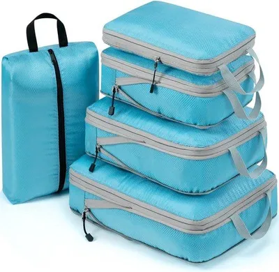 Obrázok produktu pre Organizér na cestovanie, kompresné boxy, cestovné boxy, cestovná batožina, dvojito skladacie cestovné vrecká, 5 ks (nebeská modrá)