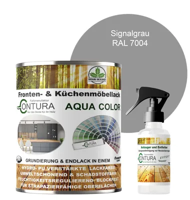 Produktbild von 750ml. + Anlauger - Contura Küchenmöbellack RAL Möbellack SEIDENMATT SET Möbelfarbe Holzlack Buntlack Küchenlack - RAL 7004 Signalgrau