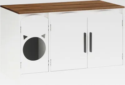 Produktbild von Katzenklo Schrank, Verstecktes Katzenklo, Katzenschrank, Moderner Katzenkloschrank aus Holzwerkstoff mit 2 Türen, Katzentoilette, Katzenmöbel, katzenkopfförmig, Weiß und Walnuss