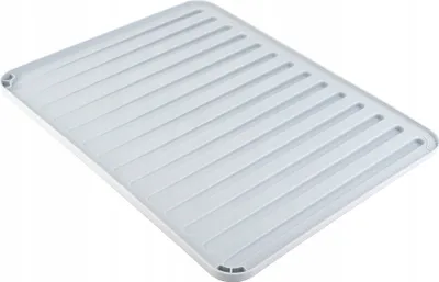 A light gray dish drying mat with a ribbed surface and raised edges, shown at an angle on a white background.