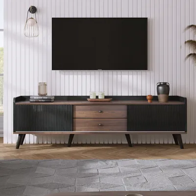 Produktbild von Sweiko TV-Schrank mit zwei Schubladen, Fernsehtisch TV Board, TV- Lowboard niedrige Platte mit zwei Schiebetüren. Exquisite Textur. Schwarz und natürliches Holzfarbe. H58/L160/T40 cm
