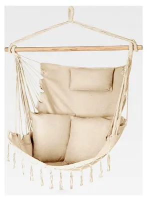 Produktbild von Hängesessel mit Kissen 100x130x75cm – bis 150 kg – Outdoor Sessel mit Kissen – Hängesessel für Garten und Zimmer – Boho – Fransen Brasilianischer Stuhl – Beige