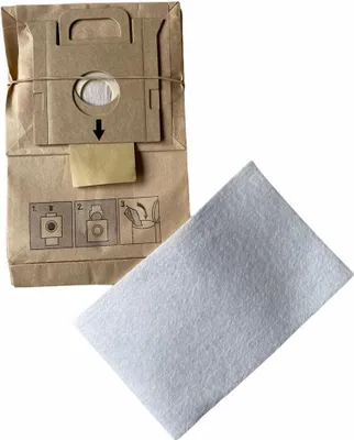 A vacuum cleaner bag and a filter are shown on a white background.