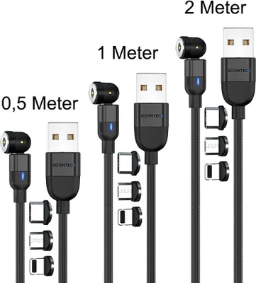 Produktbild von Magnet Ladekabel 3er Set (0,5 Meter+1 Meter+2 Meter) SOONTEC Magnetladekabel drehbar 360°&180° mit je 3 Stecker Micro USB/ USB-C/ Lightning 2,4 A Ladekabel (Schwarz)